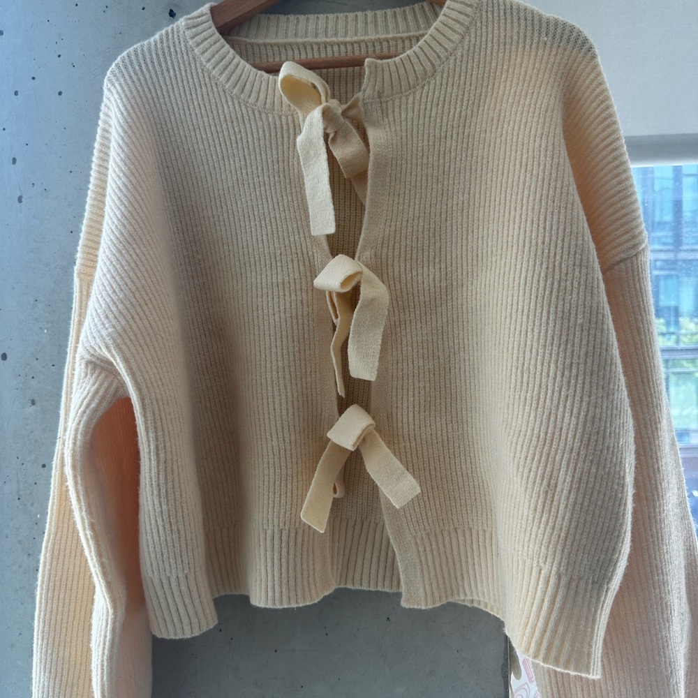 Cider Knit Round Neck Solid Tie Front Bowknot Cardigan - butter yellow - size 2x